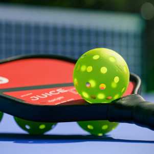 pickleball paddle and ball on the court